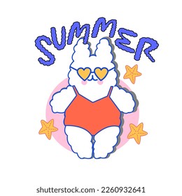 Hello summer  with vector  beach scene - sparkling blue sea, leaves, cute bunny and Watermelon, starfish, juice, ice cream.