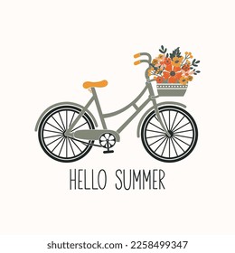 Hello Summer vector card. Bicycle with a beautiful bouquet of flowers. Life is colorful postcard. Isolated romantic illustration on light background. Hand drawing print design.