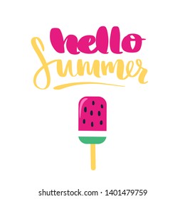 Hello Summer Vector card with cute pink ice cream-watermelon. Summer lettering. Trendy illustration. Colorful art for print design, greeting card, posters, party decorations.