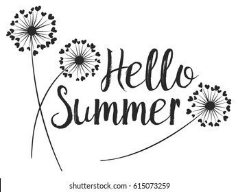 Hello Summer vector card with dandelion flowers which feather has heart shape. Gray scale illustration on white background. Seasonal banner with blowball pattern. Fluff love symbols design. Clip art.