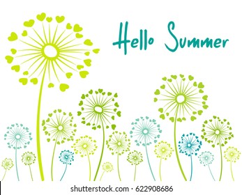 Hello Summer vector card with dandelion flowers with heart shaped feather fluff. Colorful green and blue illustration on white background. Seasonal banner with blowball pattern. Love symbols design. 