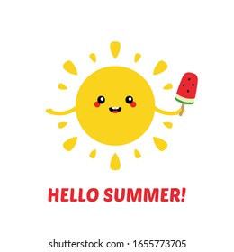 Hello Summer vector card, illustration with cute cartoon style sun character holding watermelon popsicle in hand.