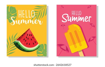 Hello Summer Vector Cards With Watermelon and Ice Cream
