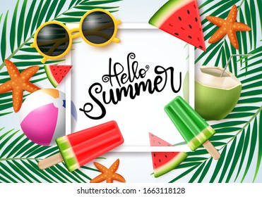 Hello summer vector concept design. Hello summer typography in white space for text with colorful beach elements like sunglasses, popsicle, beach ball, coconut in palm leaves background.