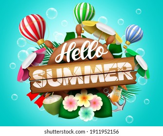 Hello summer vector concept design. Hello summer text with helm. Anchor, umbrella and hot air balloon tropical season elements for outdoor vacation travel background. Vector illustration