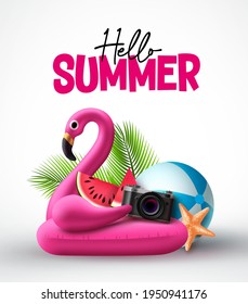 Hello Summer Vector Concept Design. Flamingo Pink Floater And Summer Beach Elements In White Background For Holiday Vacation. Vector Illustration.