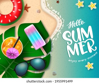 Hello summer vector concept design. Hello summer enjoy every moment text in seashore background with leaves, popsicle and juice elements for relax tropical season vacation. Vector illustration