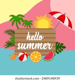 Hello summer vector concept design. Hello summer text with colorful elements like palm tree, leaves, umbrella and flamingo for tropical holiday season background. Vector illustration
