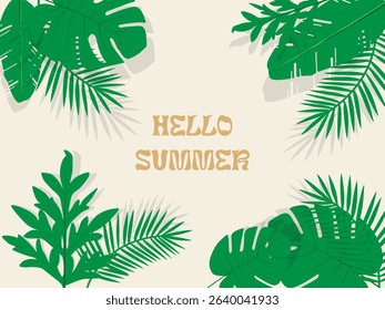 Hello Summer vector concept design, abstract illustration with jungle exotic leaves, green color design, summer background and banner