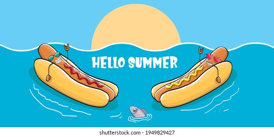 Hello summer vector concept illustration with two cool friends hotdogs characters relaxing in swimming pool or summer beach with sun. Funky food characters set