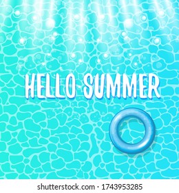 Hello summer vector concept label or sticker on azure water pool water background with color swimming inflatable rings. Hello summer party cartoon poster design template.