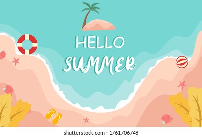 Hello Summer vector concept: top down view of island beach with Hello Summer text