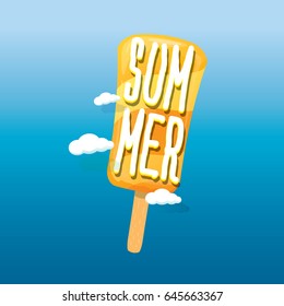 Hello summer vector creative concept icon or label on blue background. Ice cream with word SUMMER concept illustration