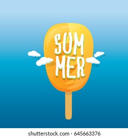 Hello summer vector creative concept icon or label on blue background. Ice cream with word SUMMER concept illustration