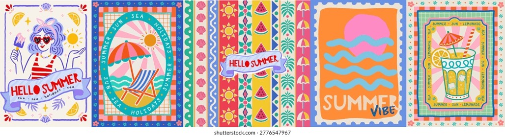 Hello summer! Vector cute abstract illustration of a girl with ice cream, a beach umbrella with a lounger, a seamless striped pattern, a postage stamp with sun and waves, and lemonade in a frame for a poster, card, background, or postcard.