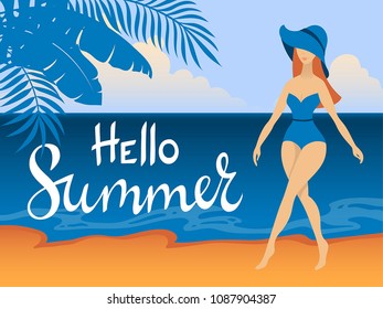 Hello summer - vector decorative poster on summer vacation: beach, ocean coast, tropical trees leafs, retro style abstract young woman in swimming suit walking along a sea - silhouette