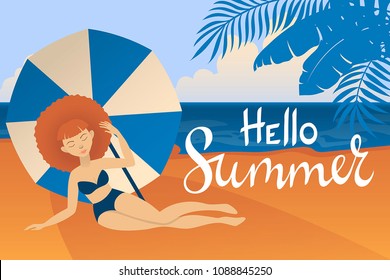 Hello summer - vector decorative poster on summer vacation: beach, ocean coast, tropical trees leafs, retro style abstract young woman in swimming suit is sunbathing under umbrella - silhouette