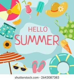 Hello summer. Vector design for summer banner, poster, coupon or flyer. Ice cream, sunglasses, cocktail and summer mood.