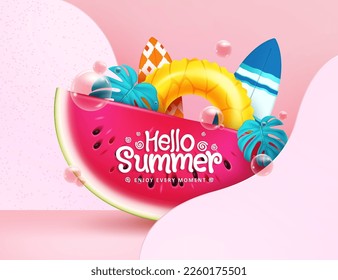 Hello summer vector design. Hello summer greeting text with watermelon fruit and beach element. Vector illustration summer greeting abstract.
