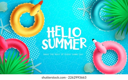 Hola diseño vectorial de verano. Hola texto de saludo de verano con elementos de pato inflable, flamingo y flotadores de aves. Fondo de verano de la ilustración del vector.
