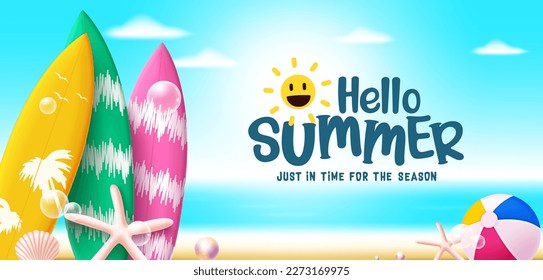 Hello summer vector design. Hello summer greeting text with surfboard and beach ball elements in background. Vector illustration summer background.
