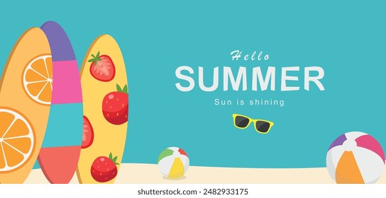 Hola diseño de Vector de verano. Hola texto de saludo de verano con tabla de surf y Elementos de pelota de playa en el fondo. Ilustración vectorial de fondo de verano