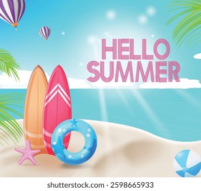 Hello summer vector design. Hello summer greeting text in relaxing beach background. Vector illustration summer greeting.
