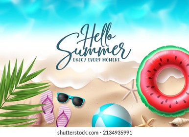 Hello summer vector design. Summer seaside beach top view background for holiday outdoor vacation. Vector illustration.
