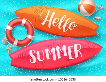 Hello summer vector design with surfboard floating in blue water pool and colorful beach elements like lifebuoy and beach ball. Vector illustration.
