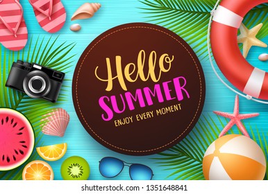 Hello summer vector design. Hello summer text with colorful beach elements like tropical fruits, palm leaves and beach ball in blue wooden texture background. Vector illustration.
