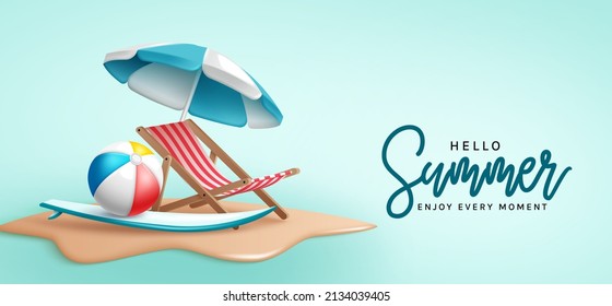 Hello summer vector design. Hello summer text with chair, umbrella and beach ball tropical elements in minimalist blue color for relax holiday season. Vector illustration.
