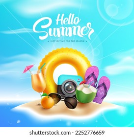 Hello summer vector design. Hello summer text with beach elements like floater, camera and flipflop in island background. Vector illustration summer season greeting design.
