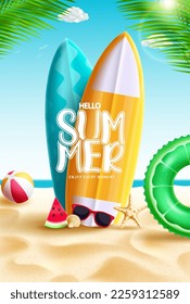 Hello summer vector design. Hello summer text in surfing board element with beach background. Vector illustration summer greeting design.