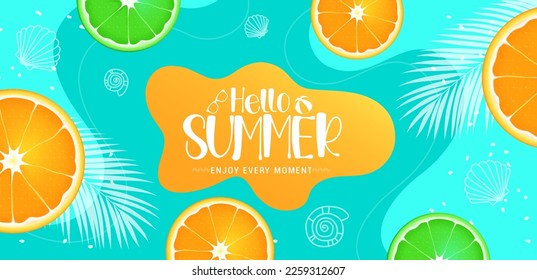 Hello summer vector design. Hello summer text with lime and orange citrus element in abstract background. Vector illustration summer abstract background.