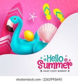 Hello summer vector design. Hello summer text in abstract shape with blue flamingo and surfboard in background. Vector illustration summer greeting.
