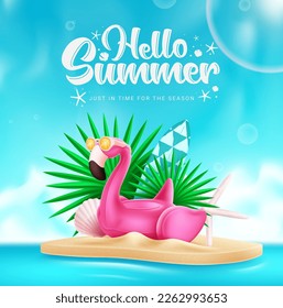Hello summer vector design. Hello summer text with flamingo beach element in island background. Vector illustration summer season design. 
 - Shutterstock ID 2262993653
