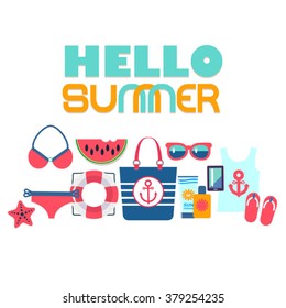 hello summer vector flat style poster on white background