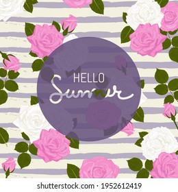 Hola Marco vectorial de verano en rosas rosa y blanco y hojas sobre fondo geométrico morado blanco.