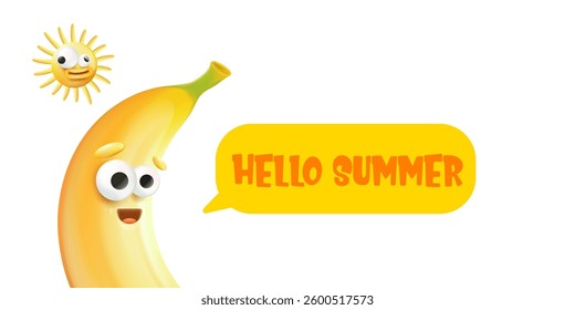 Hello Summer Vector Funny Banana and Sun Cartoon with Sunglasses, Bright Seasonal Design for Summer Celebrations and Tropical Vibes. Hellow summer banner design template with banana character isolated