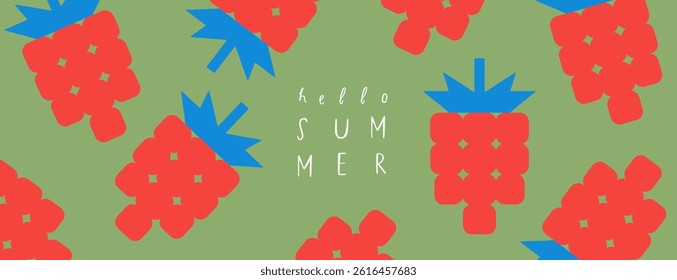 Hello summer. Vector geometric minimalistic abstract illustration of strawberry berries for green background, pattern, poster, banner or design