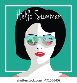 Hello summer vector. Girl with fashionable sunglasses with philodendron leaves. 