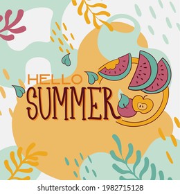 verano hola, tarjeta de saludo vectorial con frutas de verano en la pizarra, humor de la sandía
