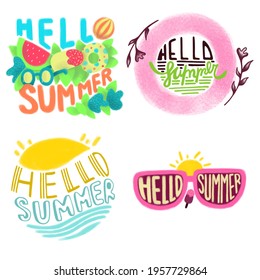 HELLO SUMMER - vector hand drawing colorful set of lettering. Handwritten phrases for summer prints, greeting posters, banners, holiday cards. White isolated background.  Sun, ice cream, sun glasses.