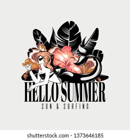 Hello summer. Vector hand drawn illustration of mermaid with flowers isolated. Template for card, poster. banner, print for t-shirt, pin, badge, patch.