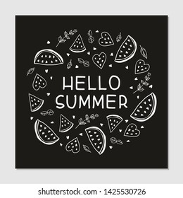 Hello summer vector hand drawn lettering. Modern phrase black and white sketch inscription. T shirt, poster, banner typography design.