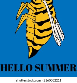 Hello summer. Vector hand drawn minimalistic illustration of the wasp. Creative artwork with slogan. Template for card, poster, banner, print for t-shirt, pin, badge, patch.