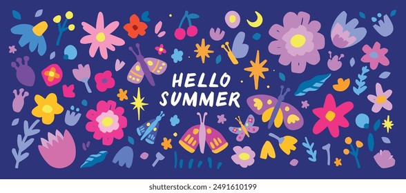 Hello summer vector hand drawn wild flower background with moth. Naive optimism trendy style . Dopamine design. Fileds flower set