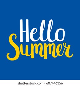 Hello Summer. Vector hand drawn lettering. Vector calligraphy. Design for cards, T shirts, labels, posters. Isolated. Black and white illustration.