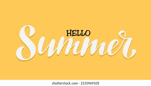 Hello Summer. Vector hand lettering. White and black letters letters on the Daffodil color tropical background . Trendy calligraphy. Stylish design for summer decorating banner  brochure calendar.