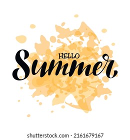 Hello summer. Vector hand lettering. Black calligraphy letters on the yellow daffodil watercolor background.  Summer holiday picture for banner poster flyer template. 